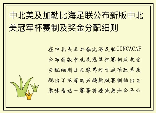 中北美及加勒比海足联公布新版中北美冠军杯赛制及奖金分配细则
